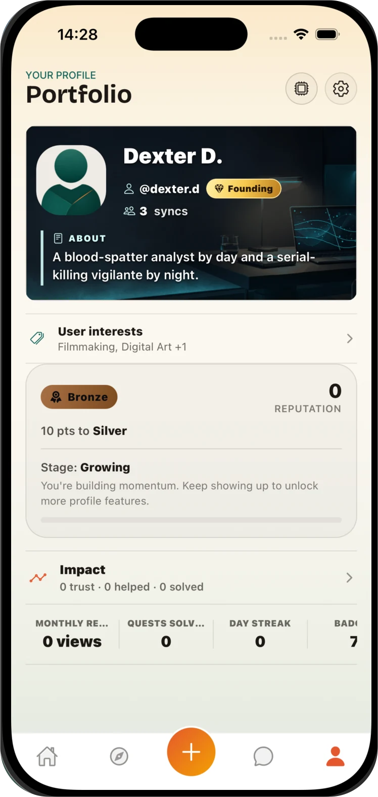 Qynta profile portfolio with interests, reputation and impact sections.